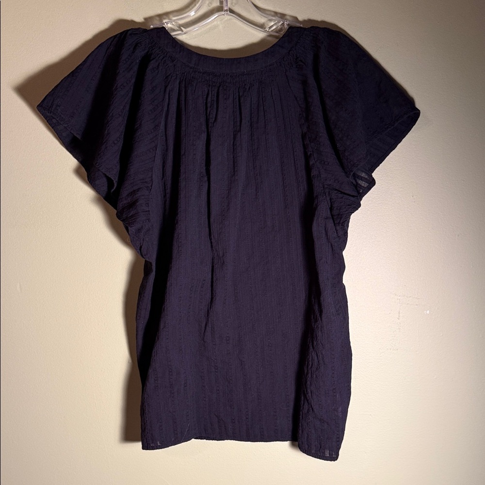 LOFT Navy Textured Flutter-Sleeve Button Front Blouse - Picture 7 of 11